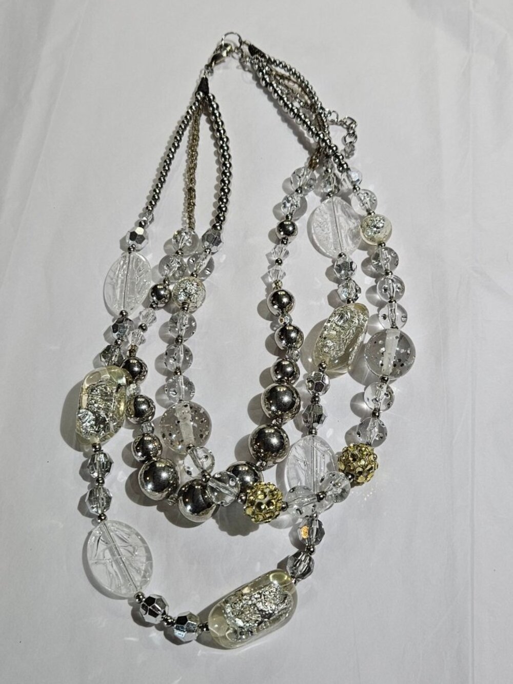 Chunky Plastic Beaded Necklace 3 Strands Crackle Silvertone Yellow Rhinestones